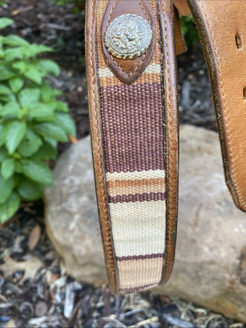 Leather Men’s Belt with Brown and Tan Striped Inlay fabric & silver conchos